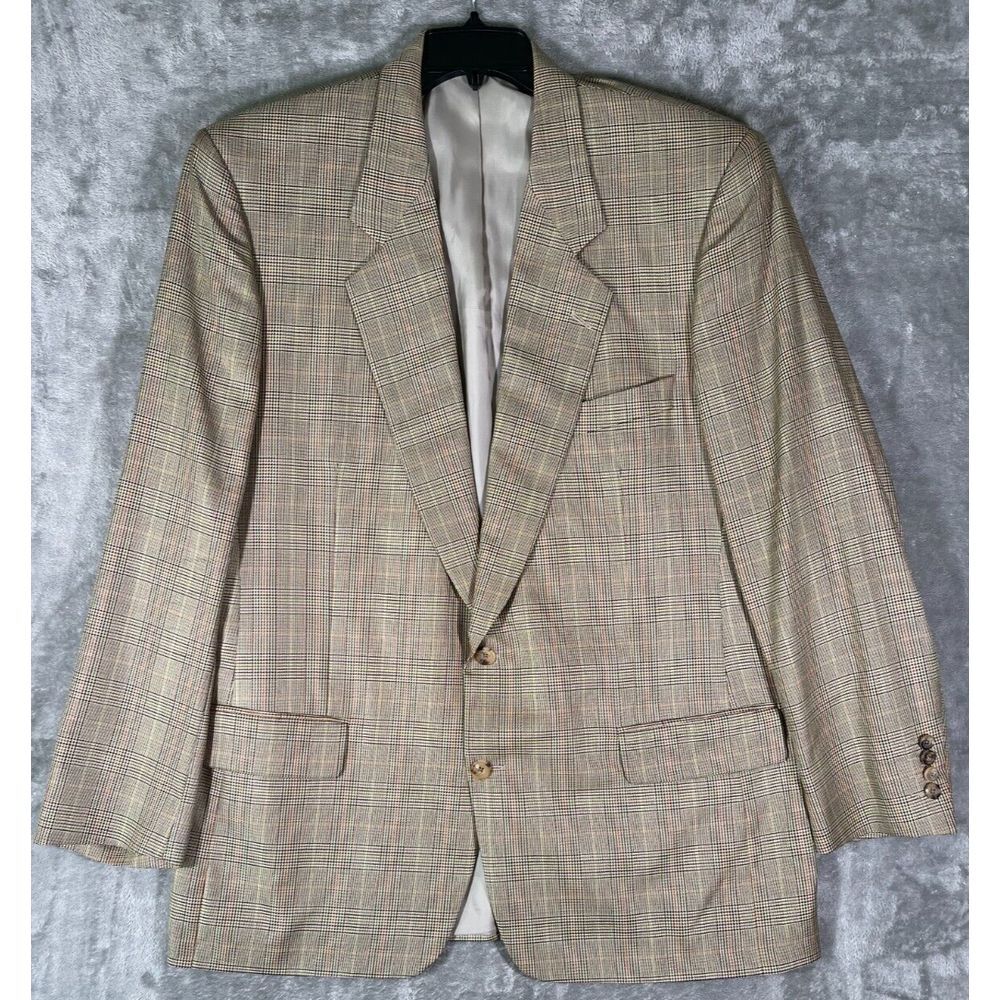 Samuelsohn Harry Rosen Men's Beige Plaid Silk Blend Blazer Sz 46 Tall/Long Italy
